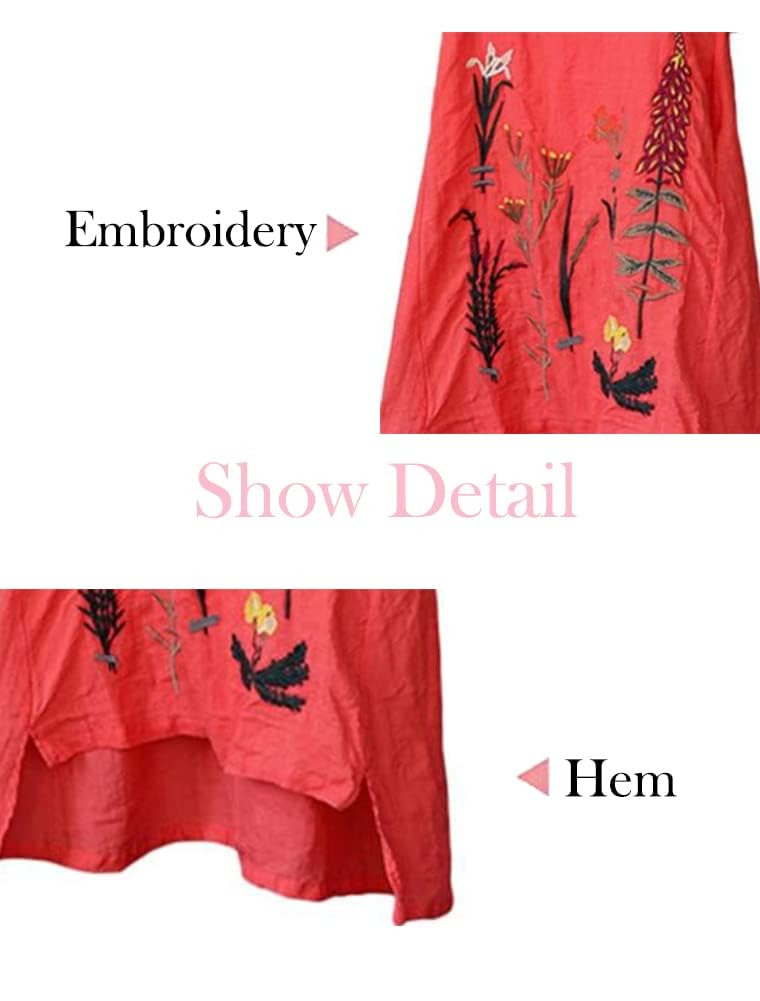 Minibee Women's Embroidered Linen Dress Summer A-Line Sundress Hi Low Tunic Clothing Red L - Image 5